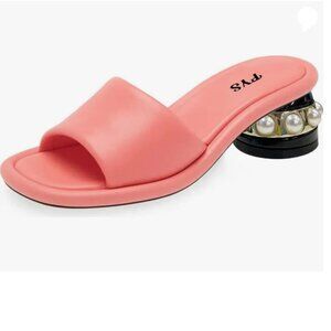 FYS Coral Comfortable Open Toe Mules Pearls Low Block Heels Single Band Sandals